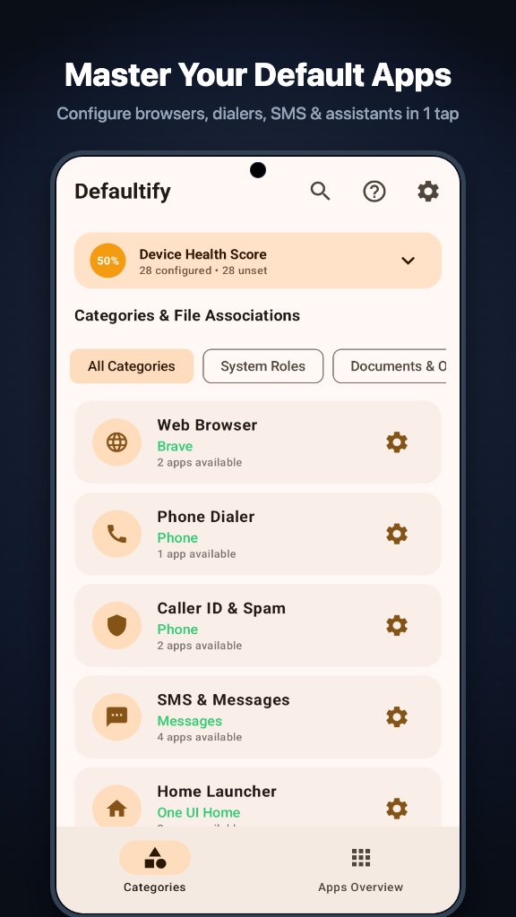 Defaultify for Android: health score and default apps for browser, dialer, caller ID, SMS and launcher