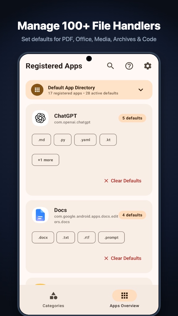 Apps overview: which file types each app is the default for, with Clear Defaults