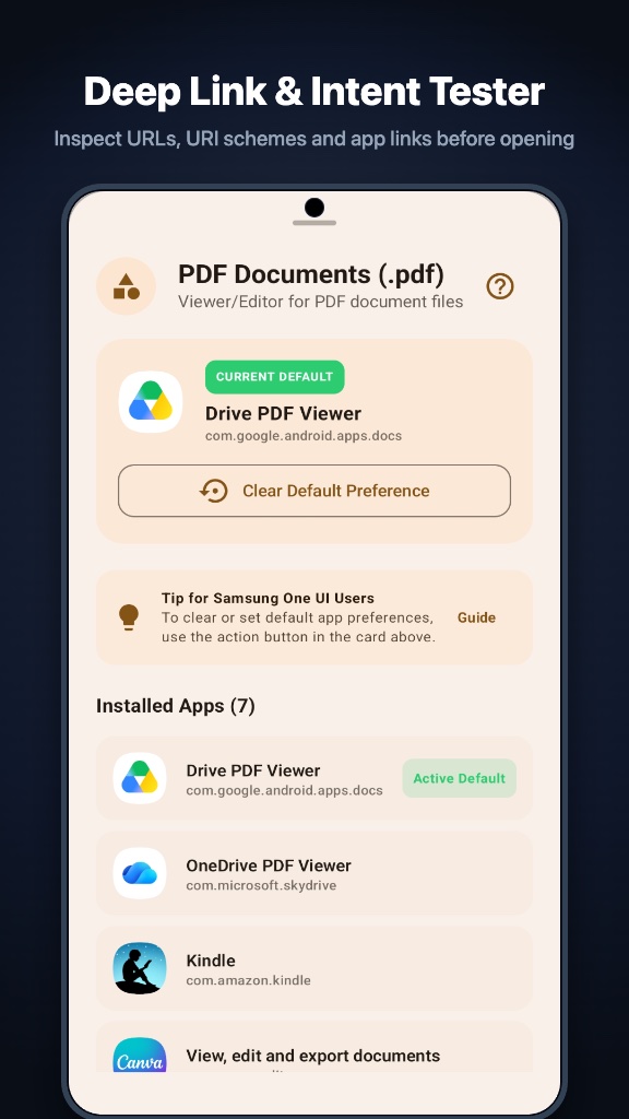 PDF documents: the current default viewer and every installed app that can open PDFs