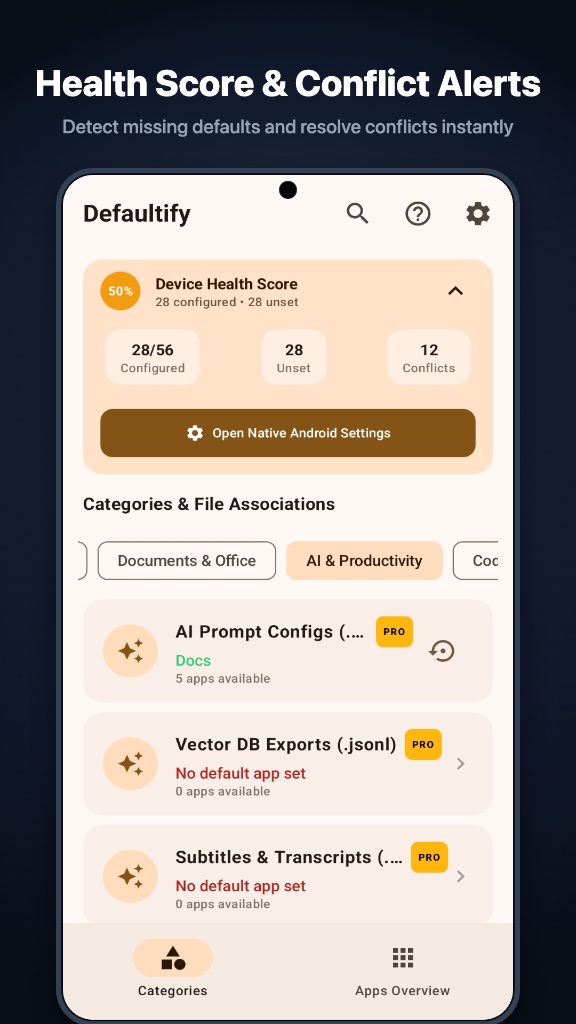 Health score expanded: configured, unset and conflicting defaults